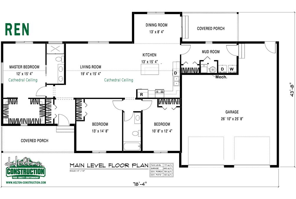 Architectural floor plan for a Helton Construction custom home showing the first level layout with labeled rooms, dimensions, and design details